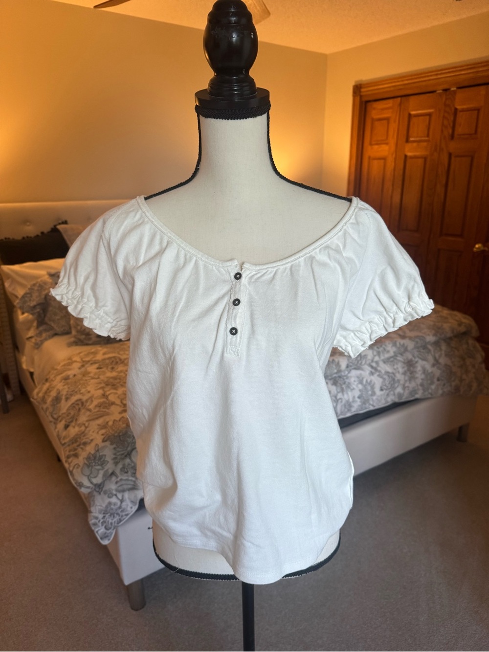 We The Free White Short Sleeve Ruffle Henley Top